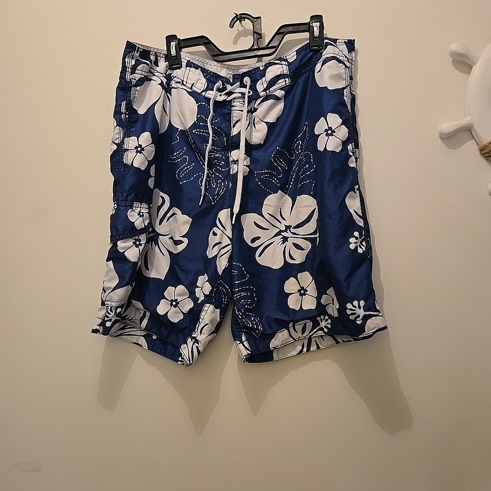 Blue and White Floral Swim Shorts
